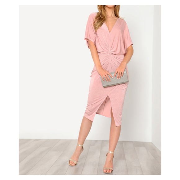 MBM Unlimited Dresses & Skirts - Pink Front Twist Kimono Sleeve Bodycon Midi Dress